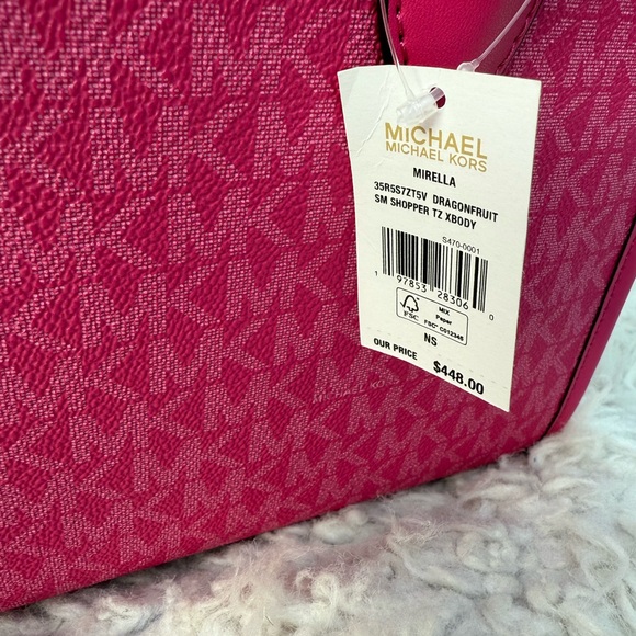 Michael Kors Mirella Small Leather Mk Logo Broad Shoulder Strap Dragon Fruit - Picture 6 of 11
